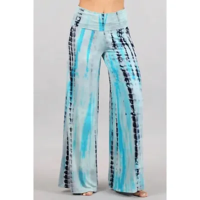 Bohemian Aqua Blue Tie Dye Wide Leg Palazzo Relaxed Fit Foldover Waist Lounge Pants