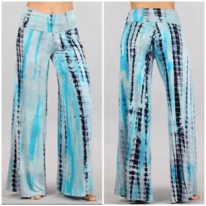 Bohemian Aqua Blue Tie Dye Wide Leg Palazzo Relaxed Fit Foldover Waist Lounge Pants