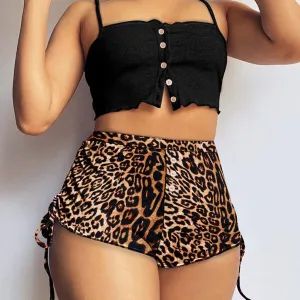 Chic Leopard Print Drawstring Shorts