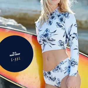 s-xxl O.C. #Surf CROP Swimsuit - navy & royal blue floral on white UPF rash crop rashguard beach pool lake swim paddle scuba snorkel