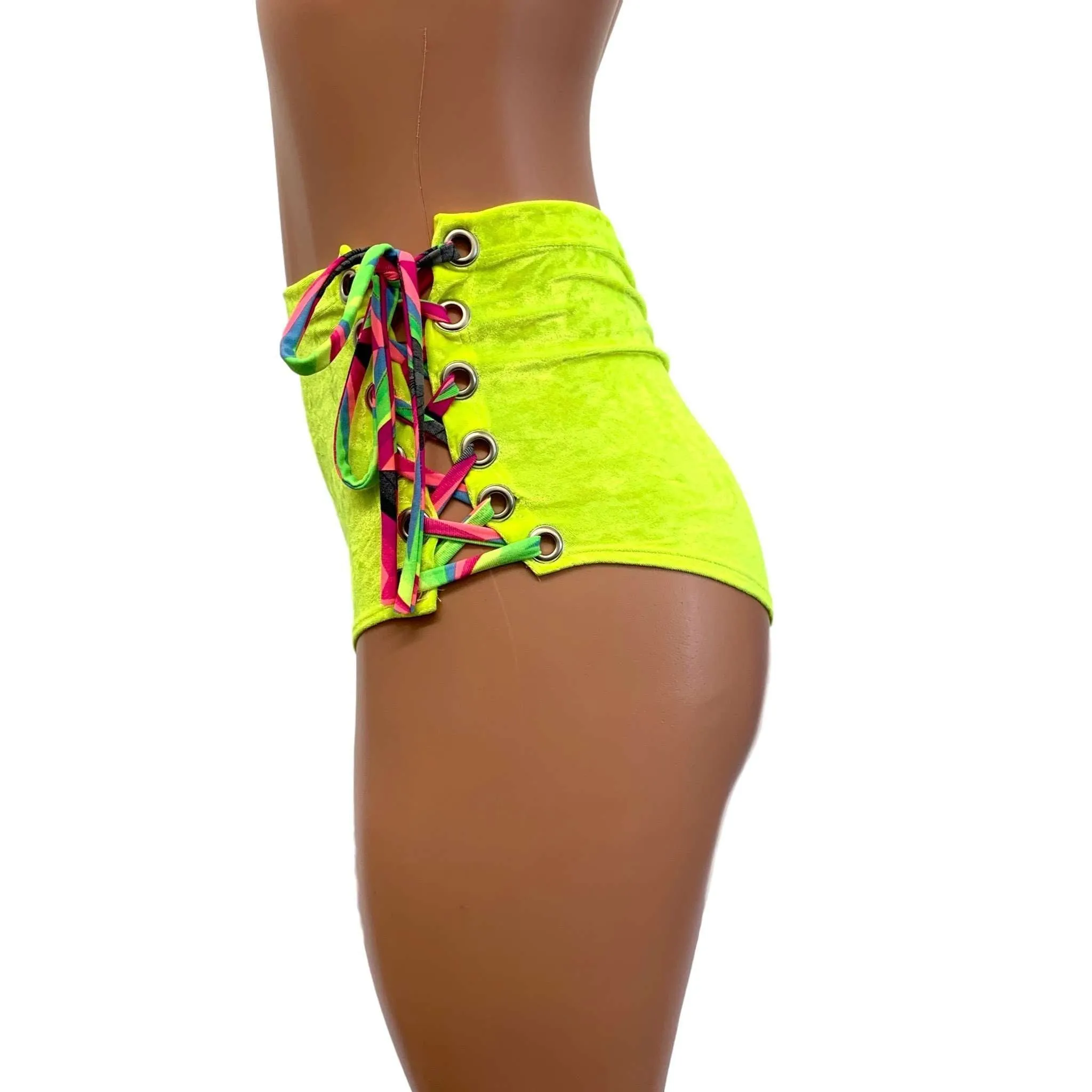 SALE - High Waist Lace-Up Scrunch Bikini - Neon Yellow Crushed Velvet