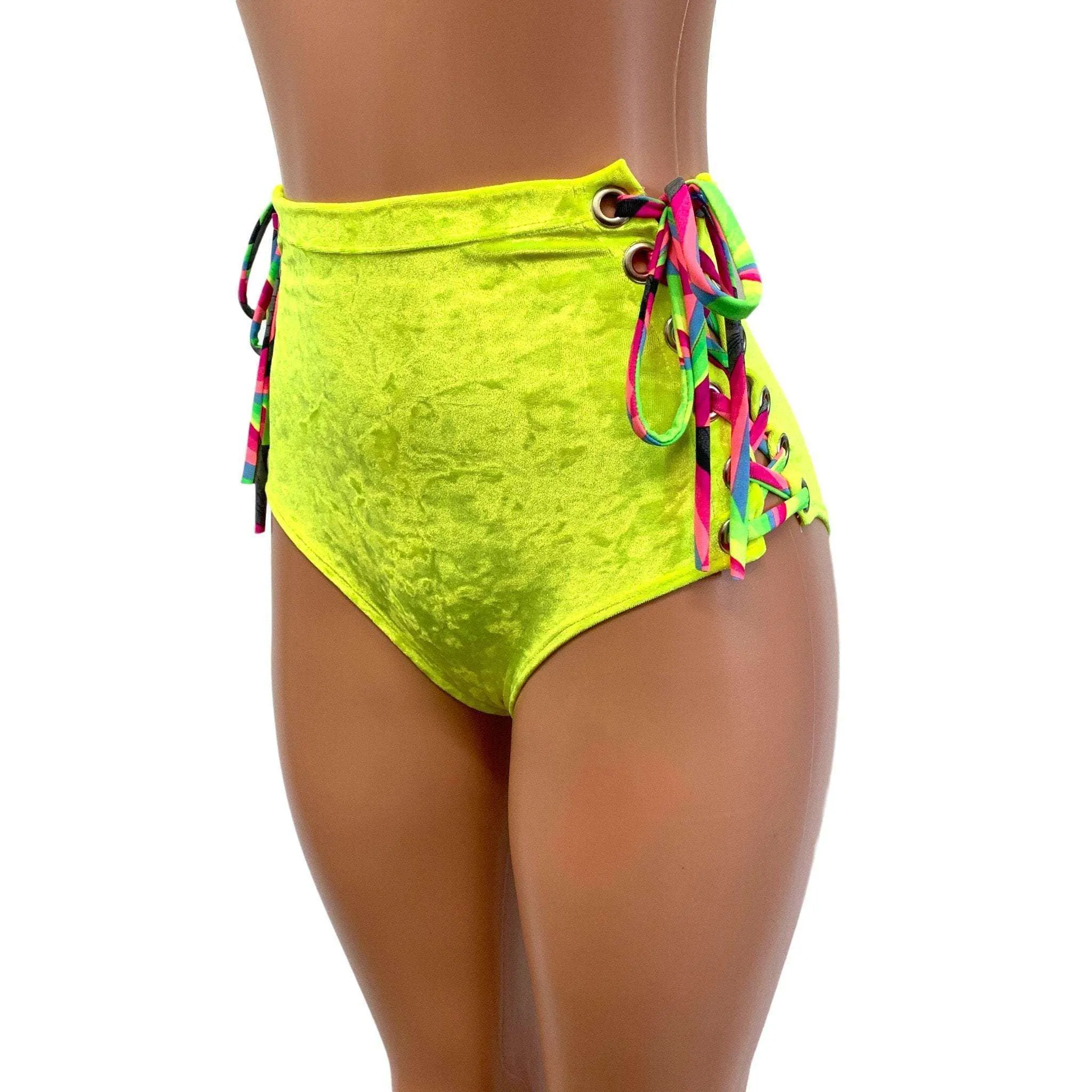 SALE - High Waist Lace-Up Scrunch Bikini - Neon Yellow Crushed Velvet