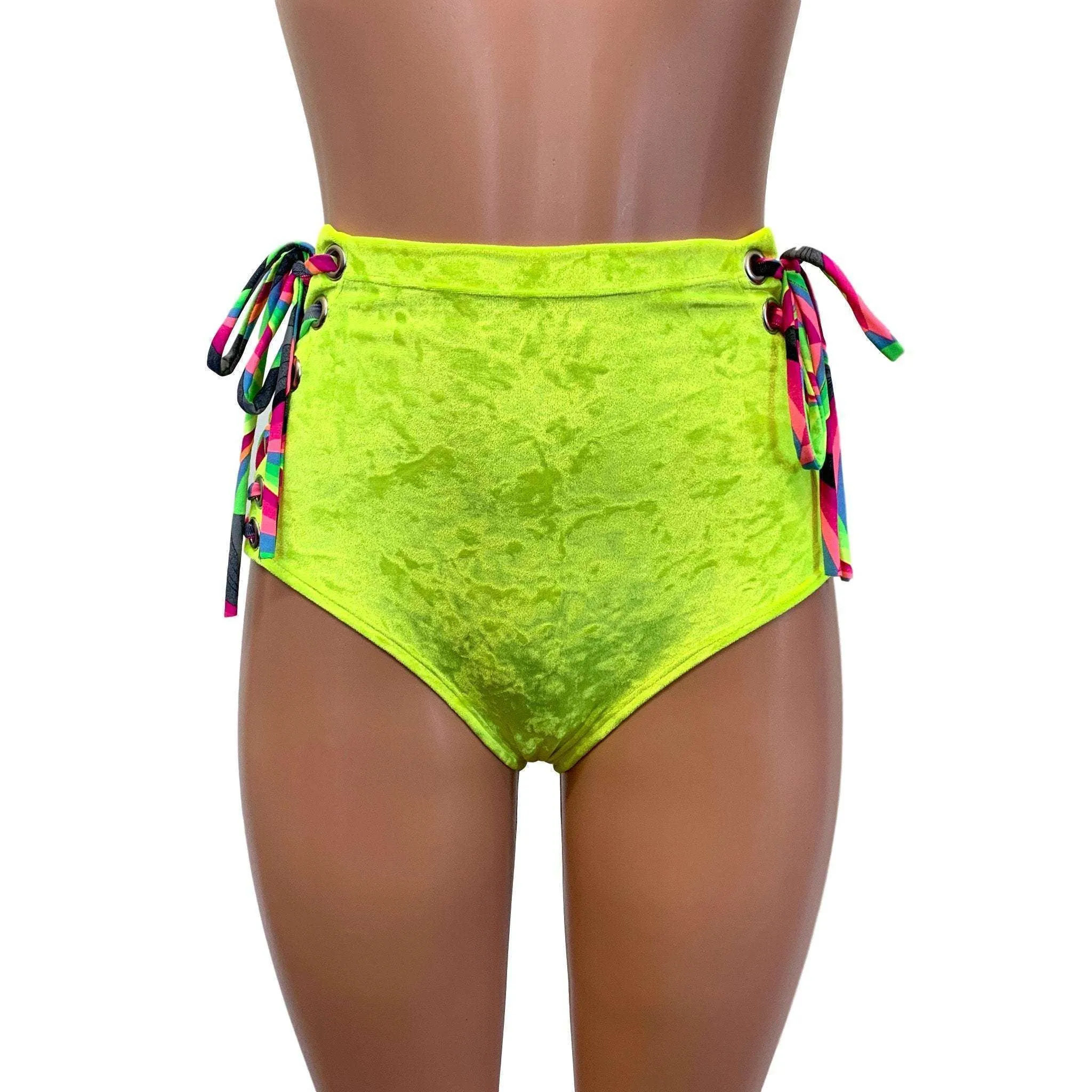 SALE - High Waist Lace-Up Scrunch Bikini - Neon Yellow Crushed Velvet