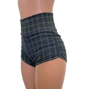 SALE - Ruched High Waist Booty Shorts - Soft Gray Plaid