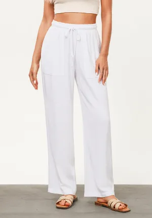 White Women's Lounge Elastic Waist Pants with Pockets Soft Quick Dry Wide Leg